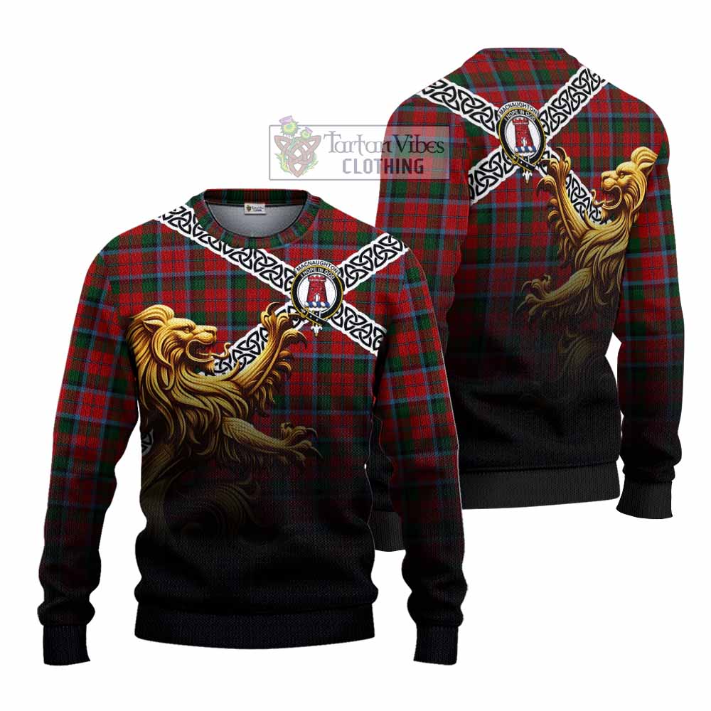 Tartan Vibes Clothing MacNaughton (McNaughton) Crest Tartan Knitted Sweater with Golden Lion Emblem Celtic Style