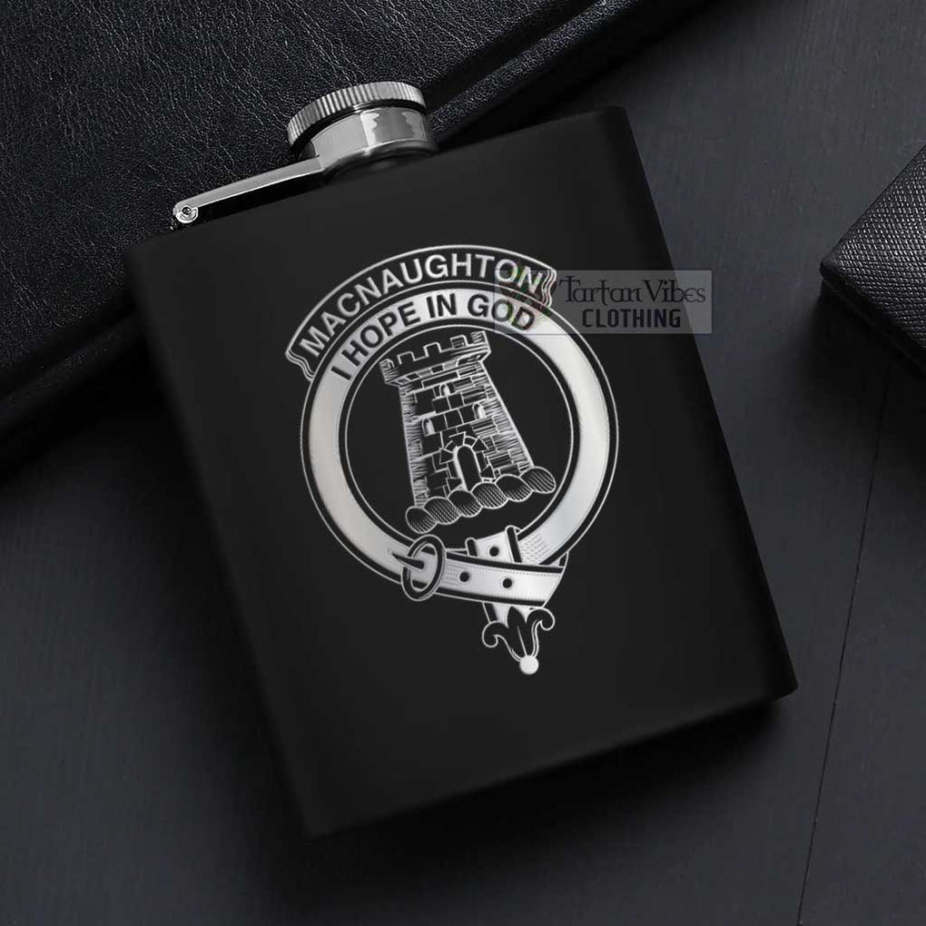 Tartan Vibes Clothing MacNaughton (McNaughton) Crest Hip Flask Set 7oz Black Stainless Steel with A Gift Box