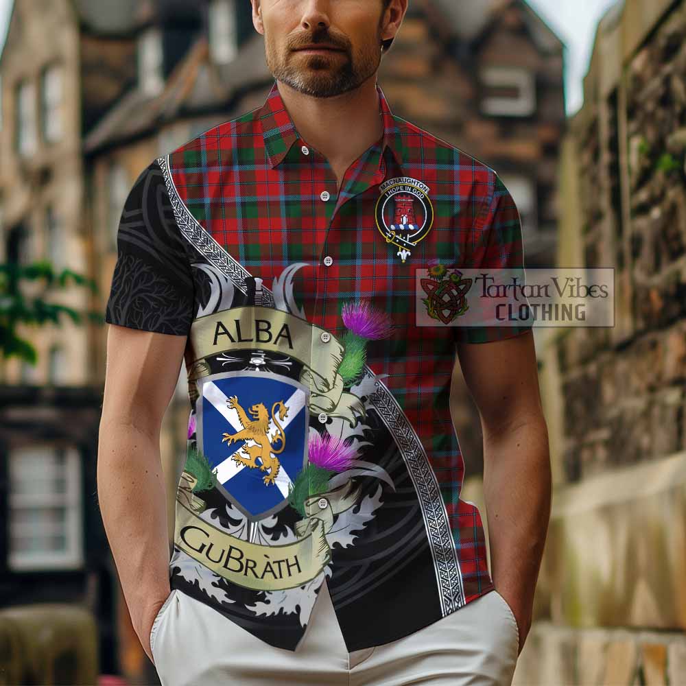 Tartan Vibes Clothing MacNaughton (McNaughton) Tartan Family Crest Short Sleeve Button Shirt Lion Rampant Royal Thistle Shield Celtic Inspired