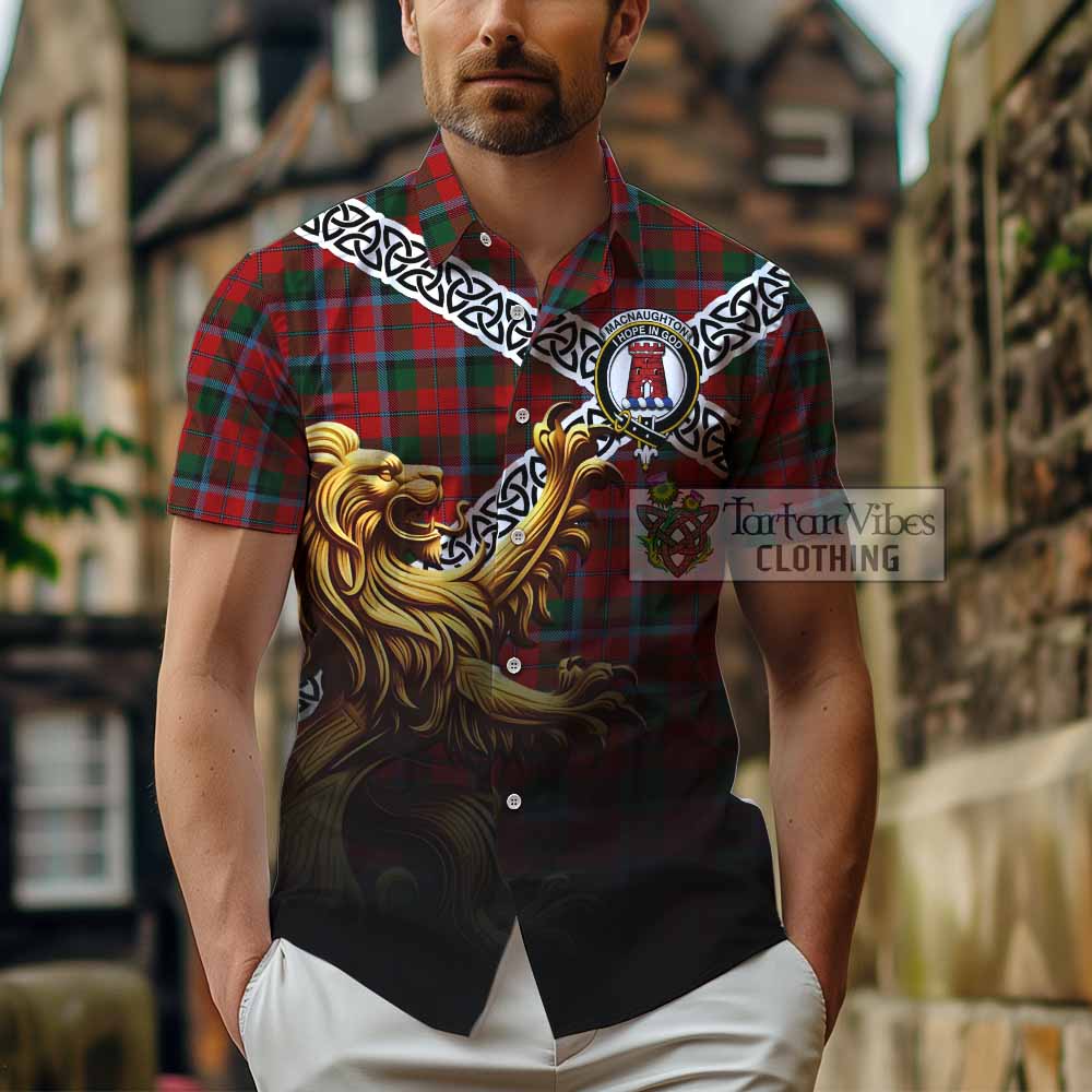 Tartan Vibes Clothing MacNaughton (McNaughton) Crest Tartan Short Sleeve Button Shirt with Golden Lion Emblem Celtic Style