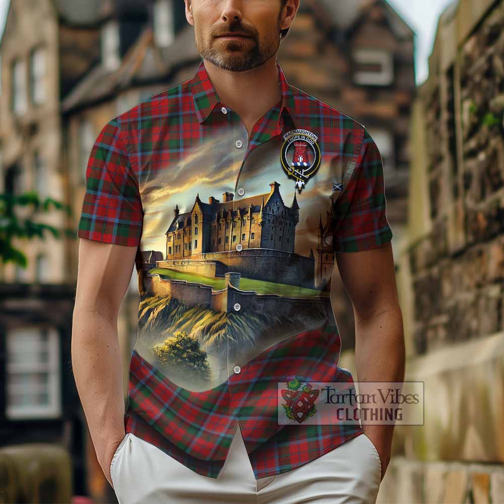 Tartan Vibes Clothing MacNaughton (McNaughton) Tartan Family Crest Short Sleeve Button Shirt with Scottish Ancient Castle Style