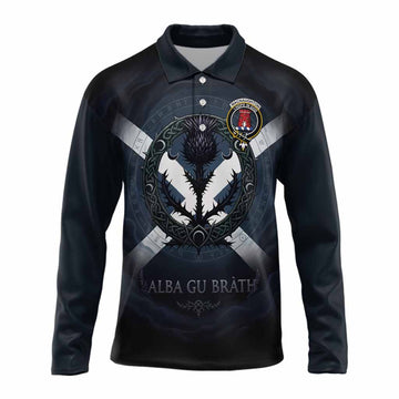 MacNaughton (McNaughton) Clan Crest Long Sleeve Polo Shirt with Celtic Knot Thistle and Saltire