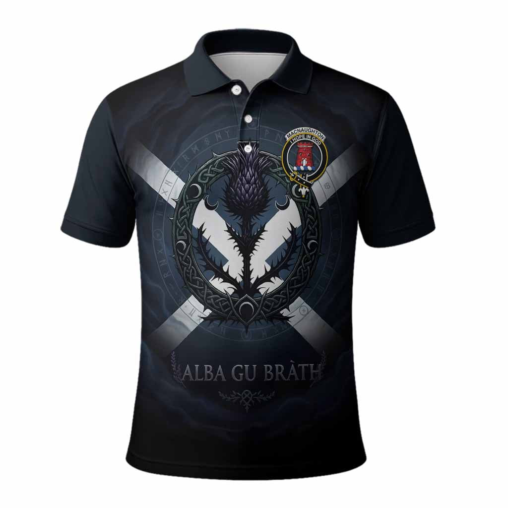 MacNaughton (McNaughton) Clan Crest Polo Shirt with Celtic Knot Thistle and Saltire