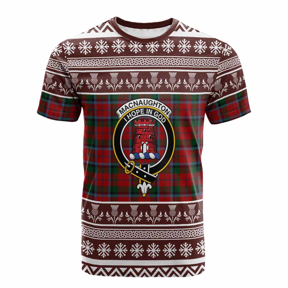 MacNaughton (McNaughton) Clan Tartan Christmas Cotton T-shirt with Family Crest - Tartan Vibes Clothing