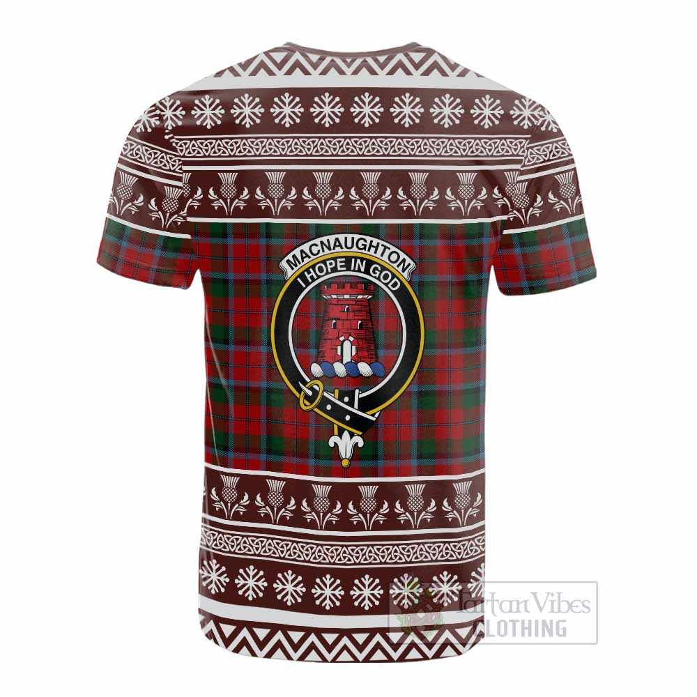 MacNaughton (McNaughton) Clan Tartan Christmas Cotton T-shirt with Family Crest - Tartan Vibes Clothing