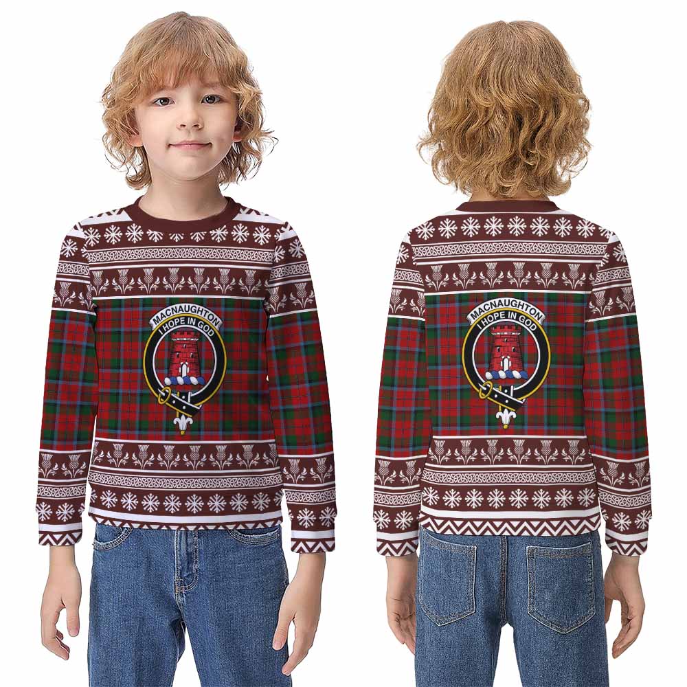 MacNaughton (McNaughton) Clan Tartan Christmas Kid Ugly Sweatshirt with Family Crest - Tartan Vibes Clothing