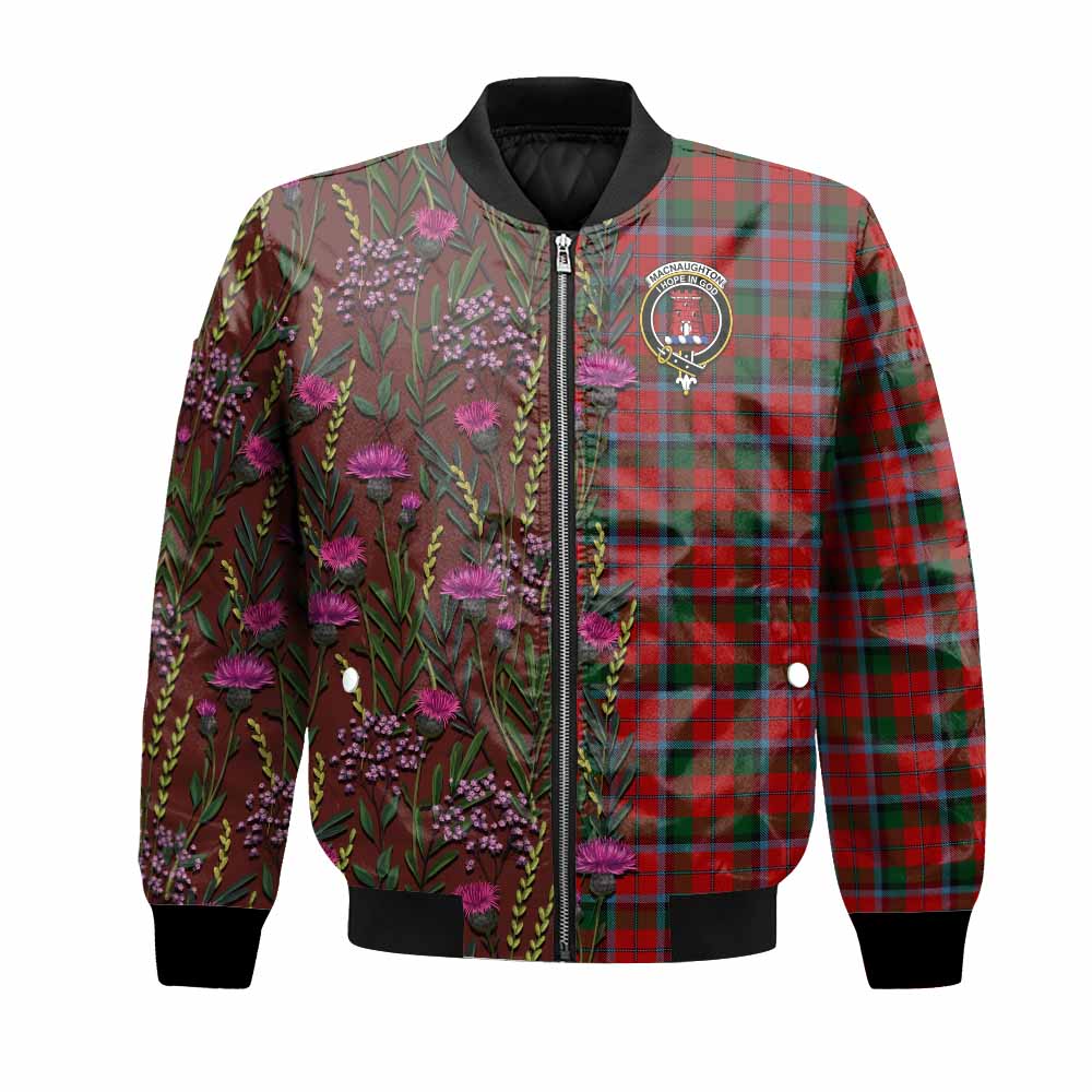 MacNaughton (McNaughton) Family Crest Tartan Bomber Jacket Scottish Thistle Flower Pattern Half Style - Tartan Vibes Clothing