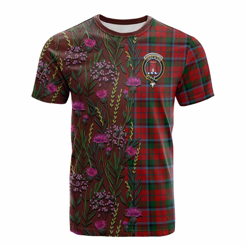 MacNaughton (McNaughton) Family Crest Tartan Cotton T-shirt Scottish Thistle Flower Pattern Half Style - Tartan Vibes Clothing
