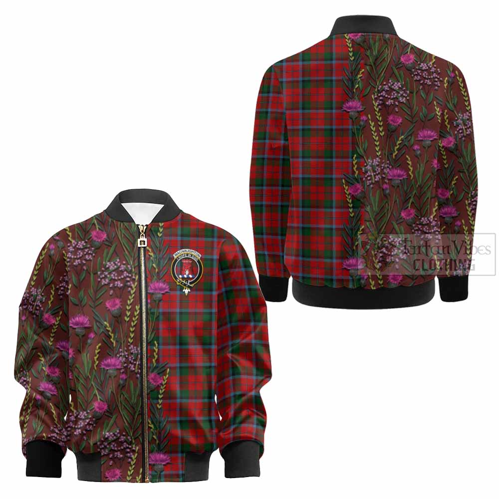 MacNaughton (McNaughton) Family Crest Tartan Kid Bomber Jacket Scottish Thistle Flower Pattern Half Style - Tartan Vibes Clothing