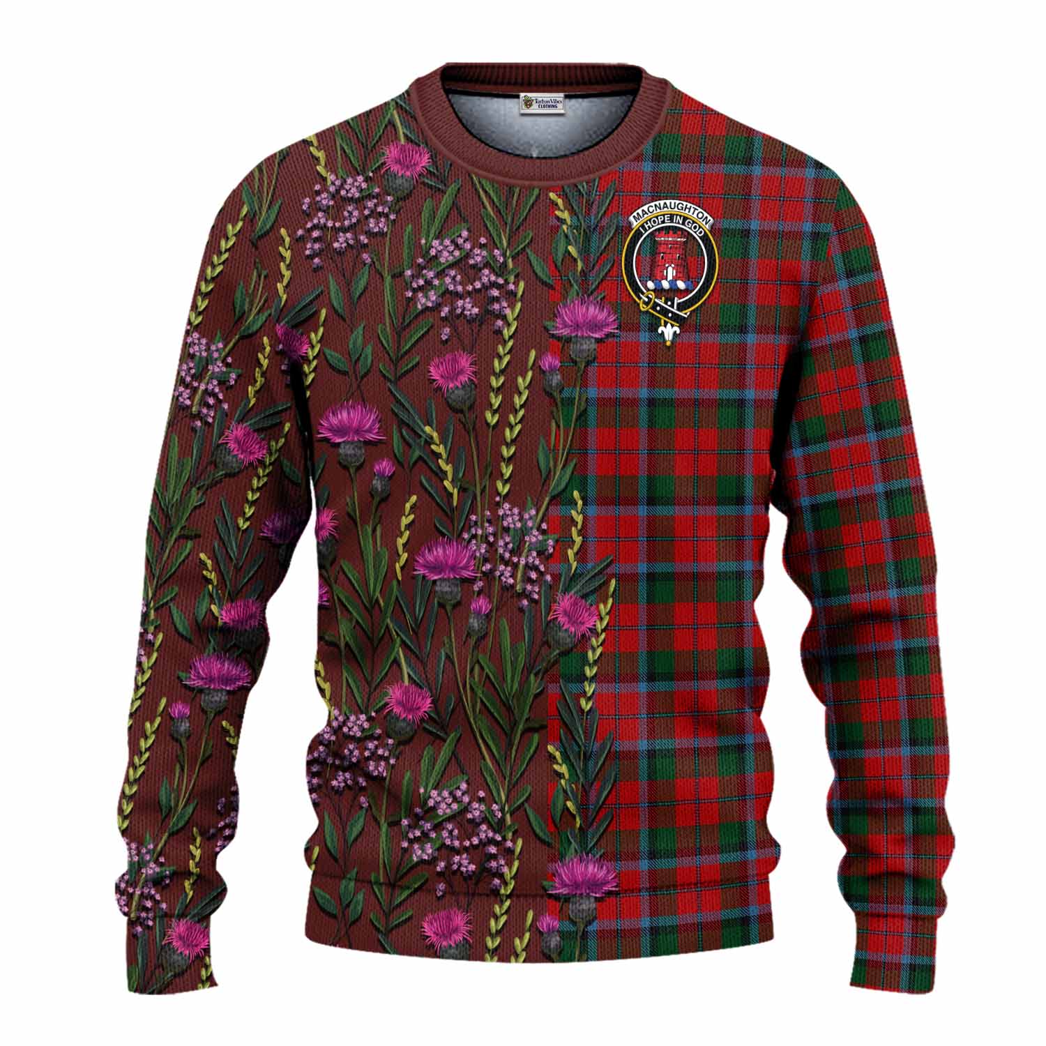 MacNaughton (McNaughton) Family Crest Tartan Knitted Sweater Scottish Thistle Flower Pattern Half Style - Tartan Vibes Clothing