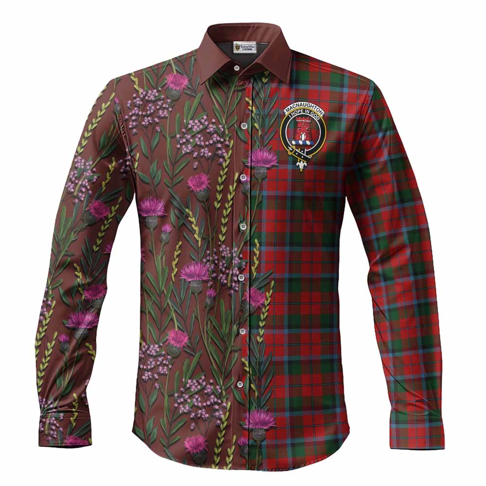 MacNaughton (McNaughton) Family Crest Tartan Long Sleeve Button Shirts Scottish Thistle Flower Pattern Half Style - Tartan Vibes Clothing