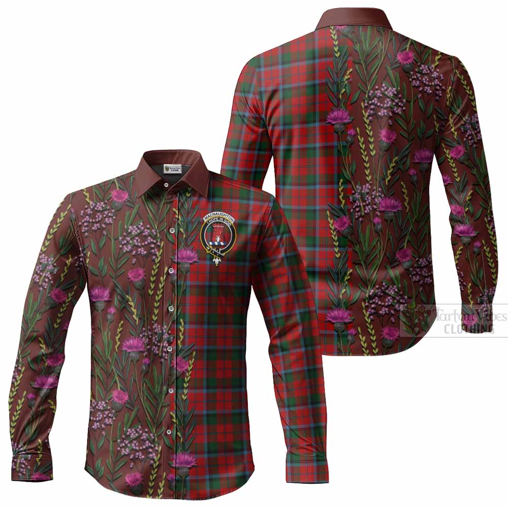 MacNaughton (McNaughton) Family Crest Tartan Long Sleeve Button Shirts Scottish Thistle Flower Pattern Half Style - Tartan Vibes Clothing