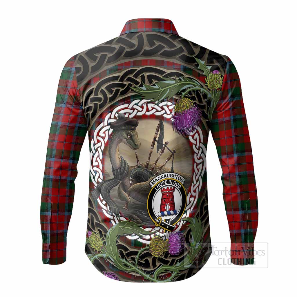 MacNaughton (McNaughton) Tartan Crest Bagpipe Nessie Long Sleeve Button Shirts Scottish Loch Ness Monster Celtic Thistle