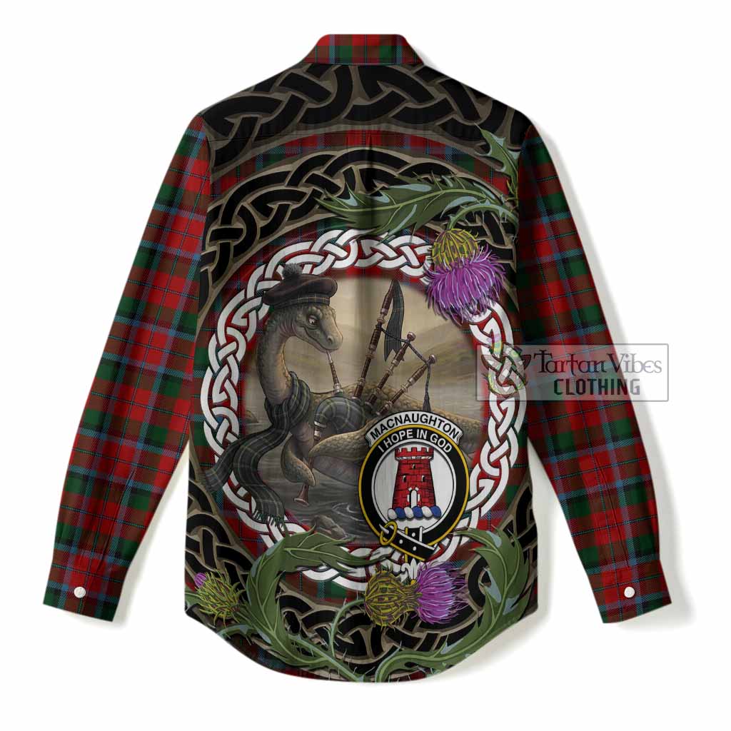 MacNaughton (McNaughton) Tartan Crest Bagpipe Nessie Women Casual Shirt Scottish Loch Ness Monster Celtic Thistle