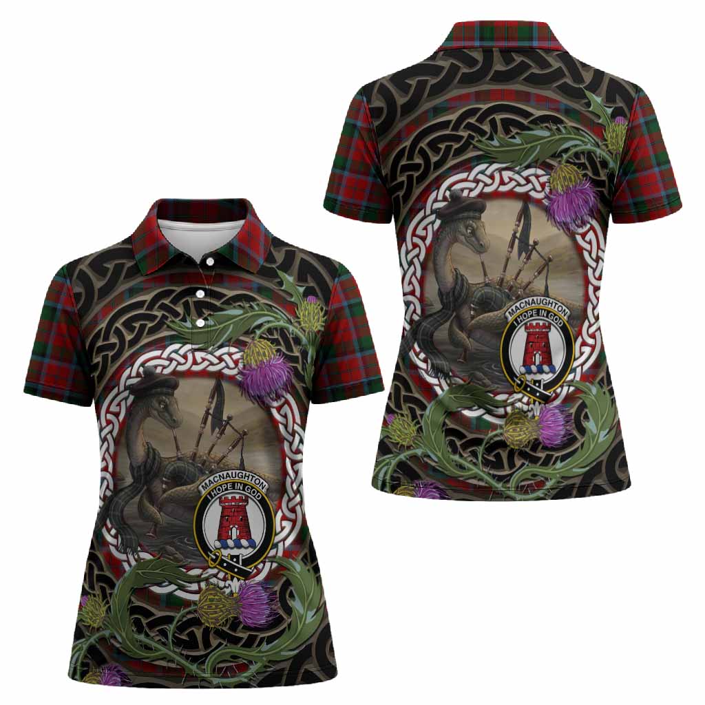 MacNaughton (McNaughton) Tartan Crest Bagpipe Nessie Women Polo Shirt Scottish Loch Ness Monster Celtic Thistle