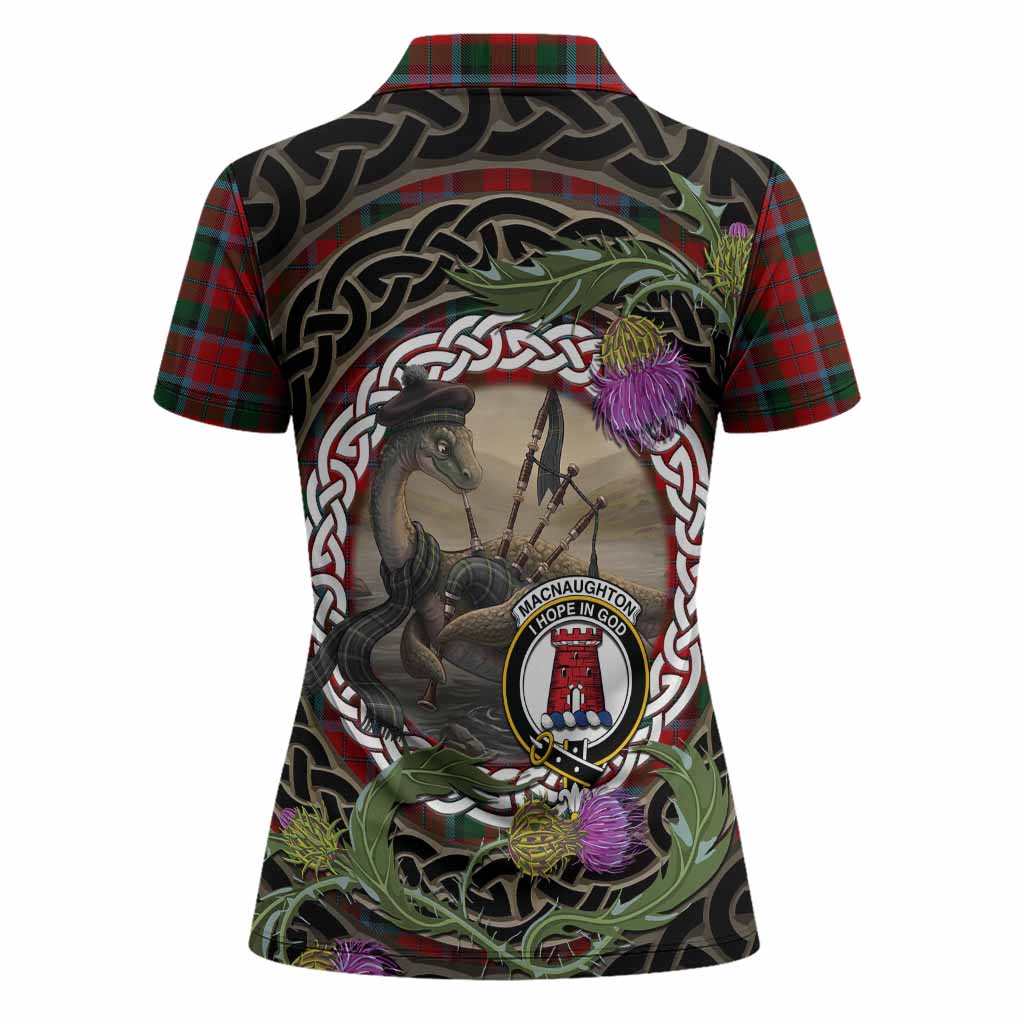MacNaughton (McNaughton) Tartan Crest Bagpipe Nessie Women Polo Shirt Scottish Loch Ness Monster Celtic Thistle