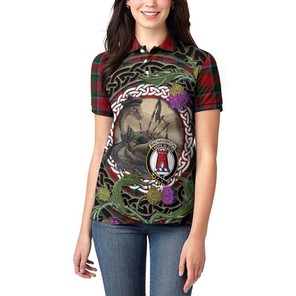 MacNaughton (McNaughton) Tartan Crest Bagpipe Nessie Women Polo Shirt Scottish Loch Ness Monster Celtic Thistle