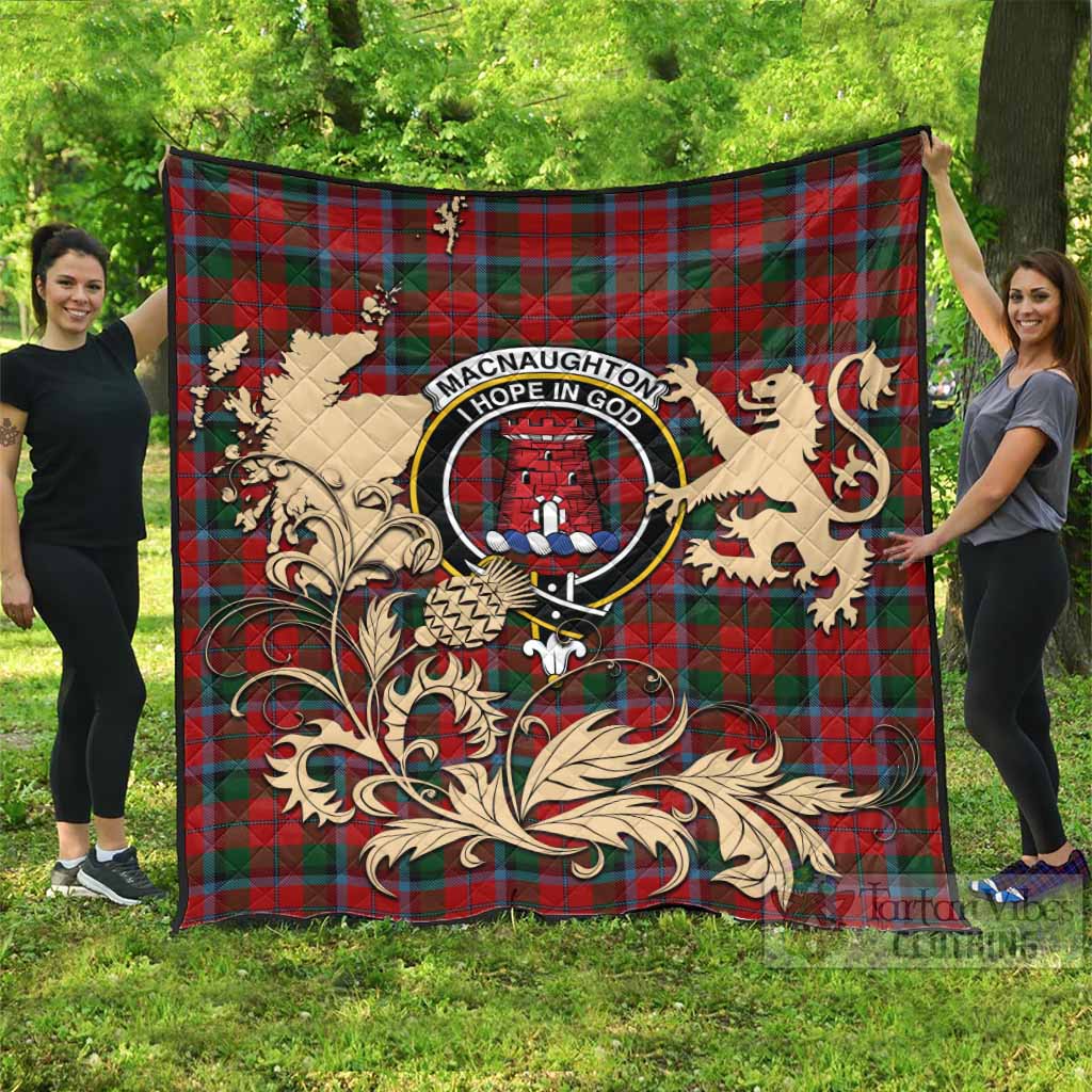 MacNaughton (McNaughton) Tartan Crest Premium Quilt with Scottish Iconic Symbols 