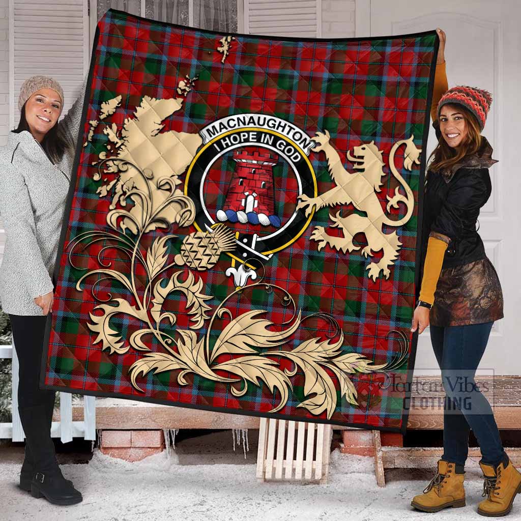 MacNaughton (McNaughton) Tartan Crest Premium Quilt with Scottish Iconic Symbols 