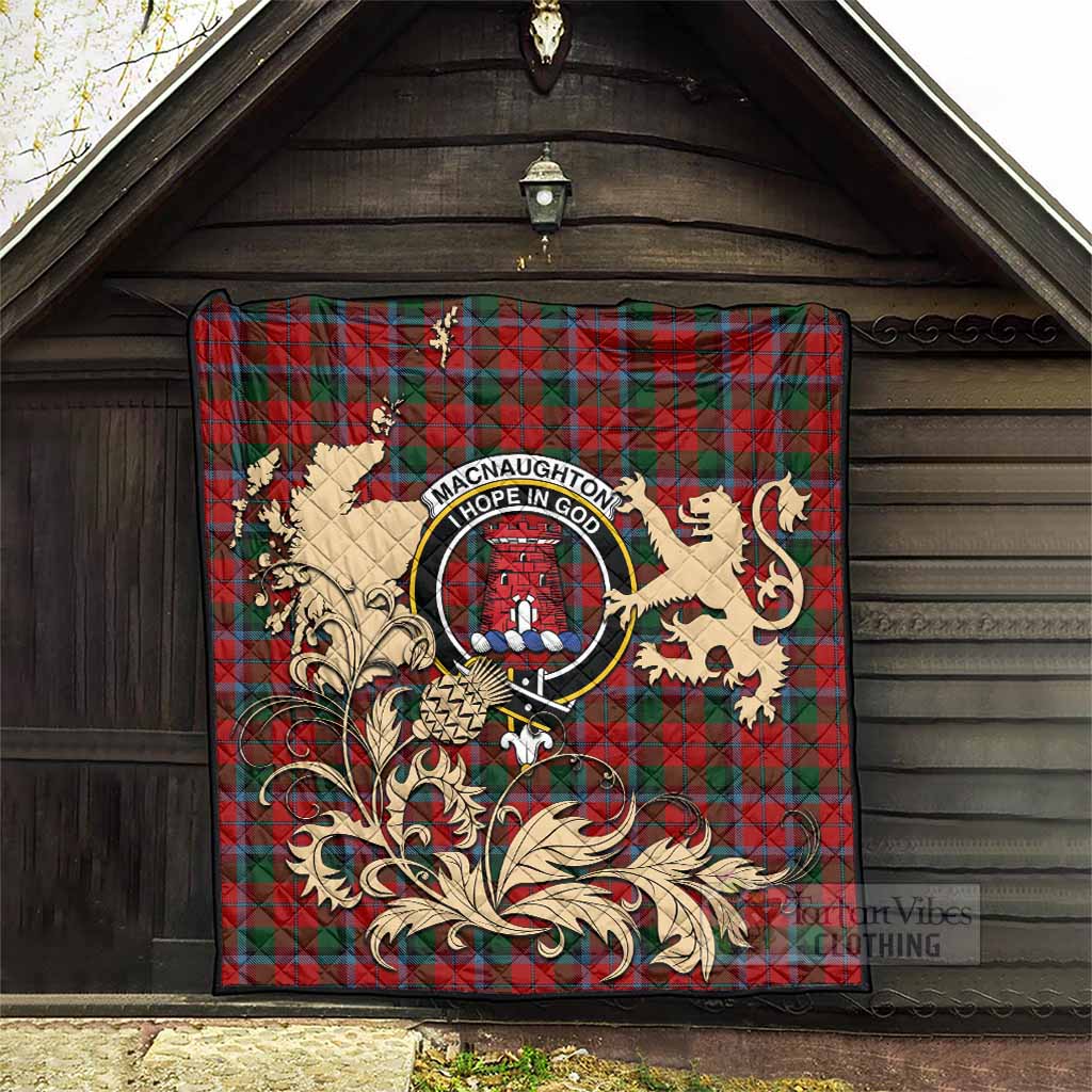 MacNaughton (McNaughton) Tartan Crest Premium Quilt with Scottish Iconic Symbols 