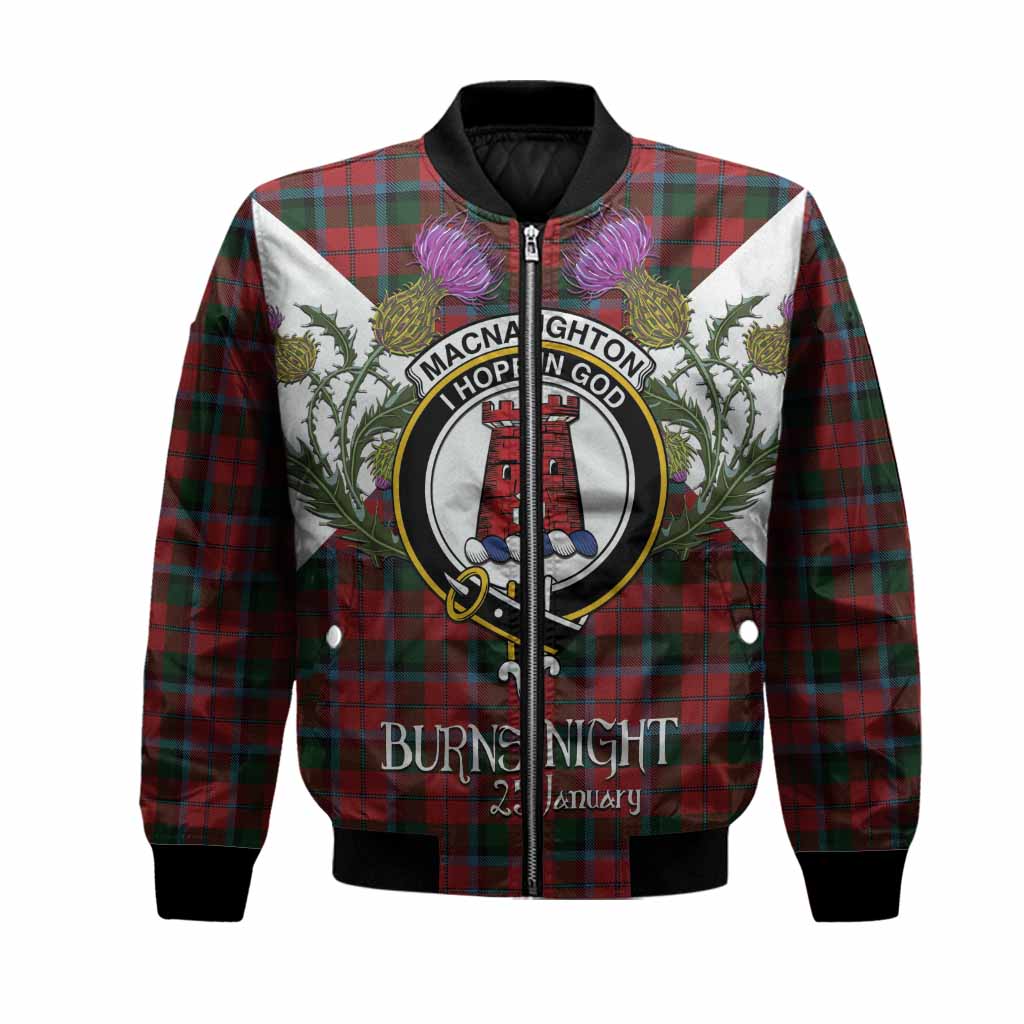MacNaughton (McNaughton) Tartan Family Crest Bomber Jacket Scottish Burns Night Thistle Floral