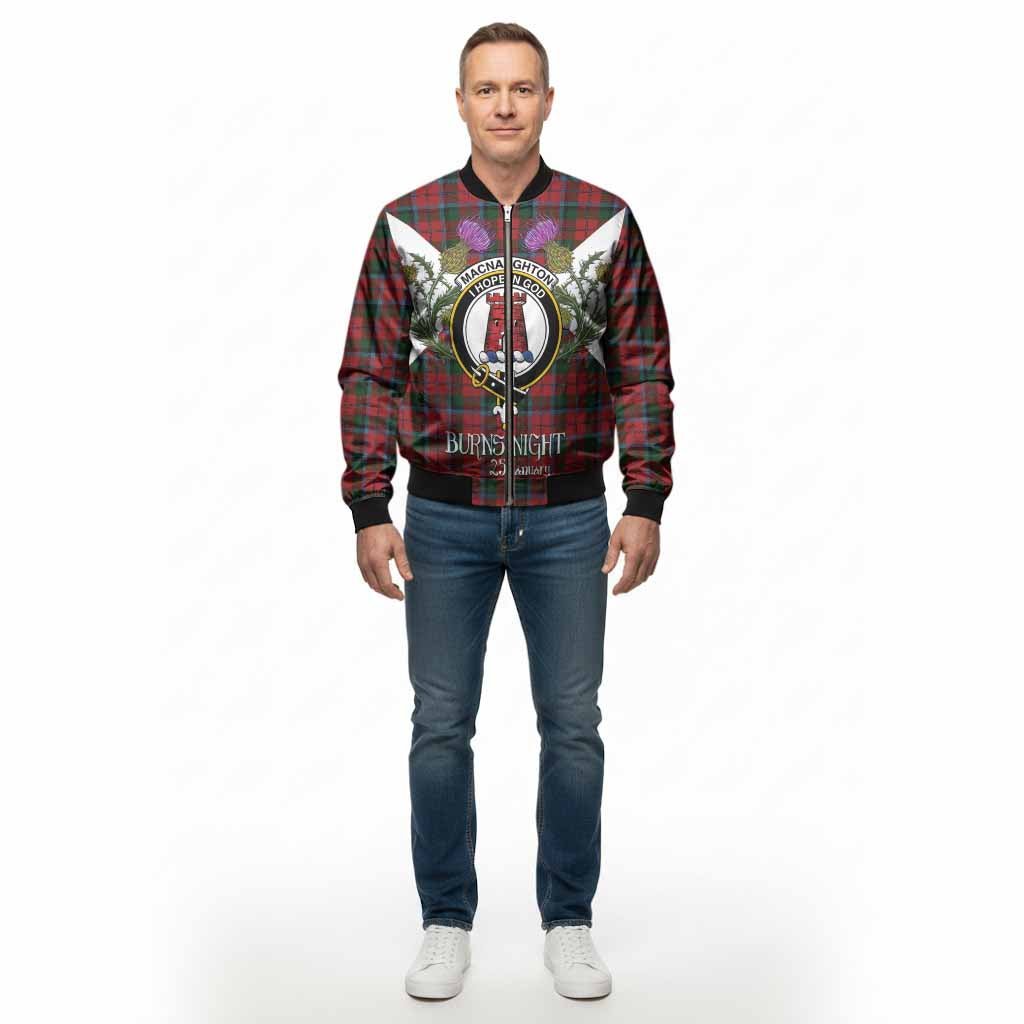 MacNaughton (McNaughton) Tartan Family Crest Bomber Jacket Scottish Burns Night Thistle Floral