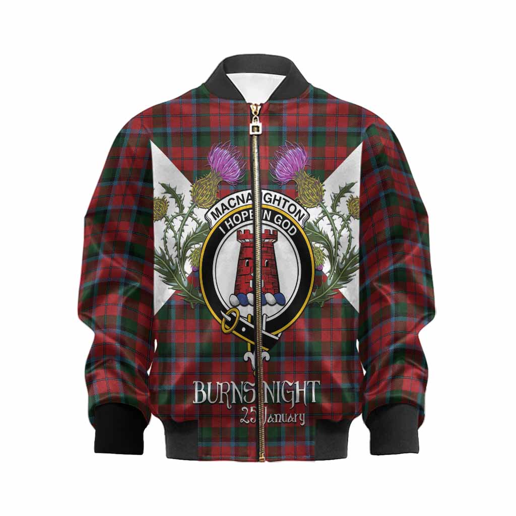 MacNaughton (McNaughton) Tartan Family Crest Kid Bomber Jacket Scottish Burns Night Thistle Floral