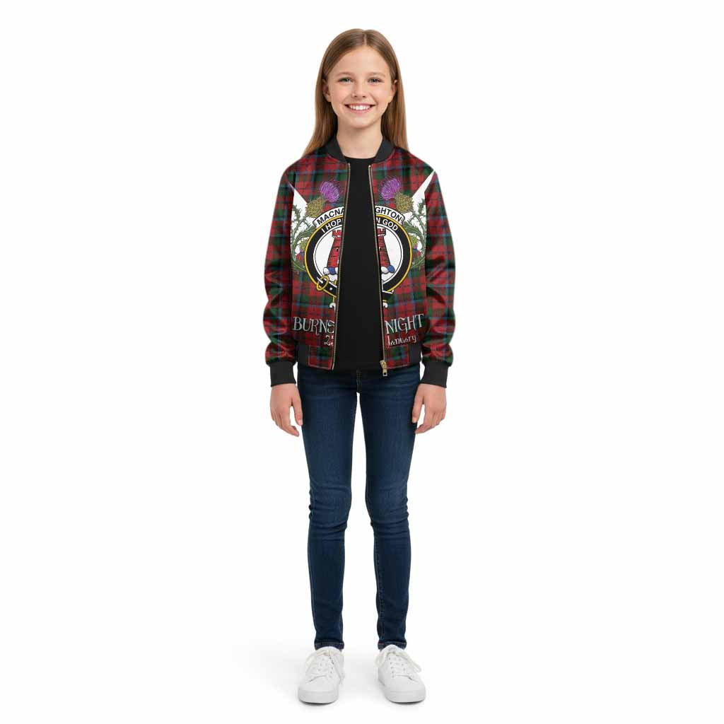MacNaughton (McNaughton) Tartan Family Crest Kid Bomber Jacket Scottish Burns Night Thistle Floral