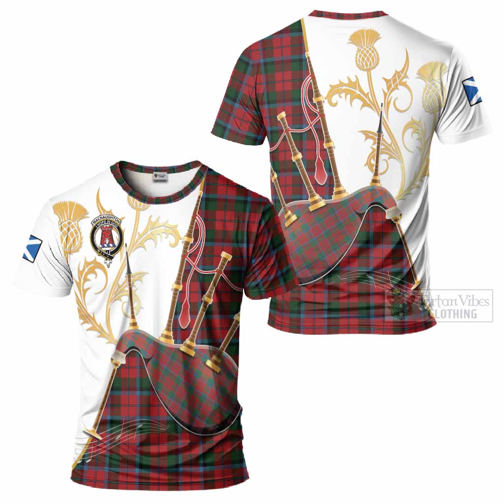 MacNaughton (McNaughton) Tartan Family Crest T-Shirt Bagpipes with Scottish Thistle