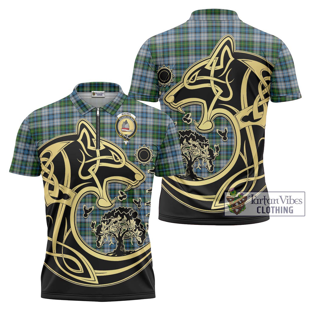 MacNeil (McNeil) Tartan Zipper Polo Shirt with Family Crest Celtic Wolf Style Unisex - Tartanvibesclothing Shop