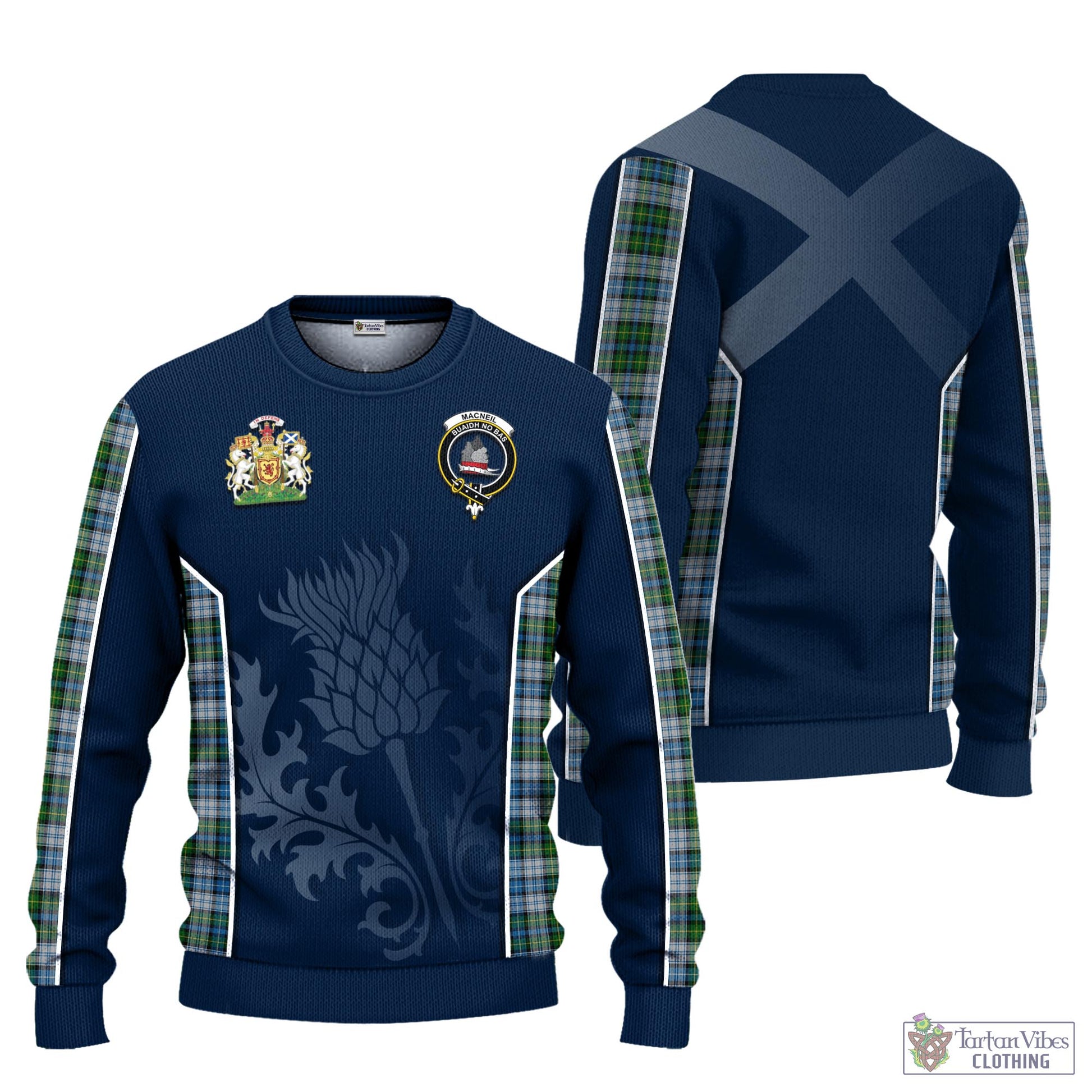 Tartan Vibes Clothing MacNeil Dress Tartan Knitted Sweatshirt with Family Crest and Scottish Thistle Vibes Sport Style