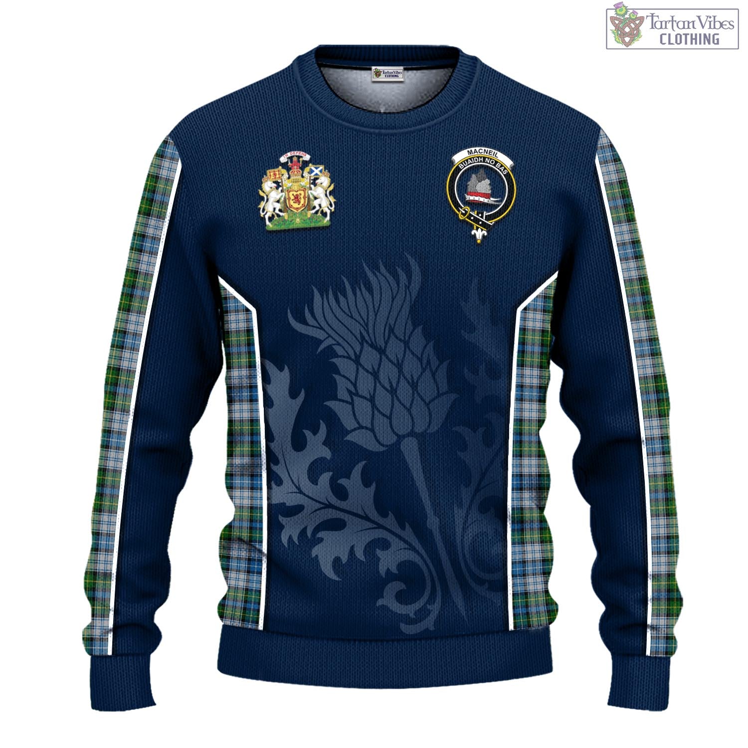 Tartan Vibes Clothing MacNeil Dress Tartan Knitted Sweatshirt with Family Crest and Scottish Thistle Vibes Sport Style