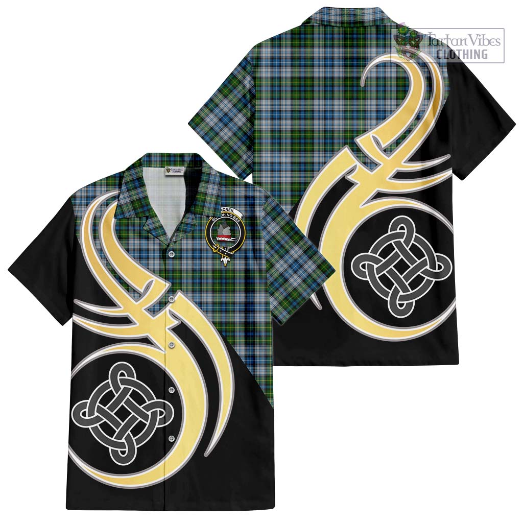 MacNeil (McNeil) Tartan Short Sleeve Button Shirt with Family Crest and Celtic Symbol Style - Tartan Vibes Clothing