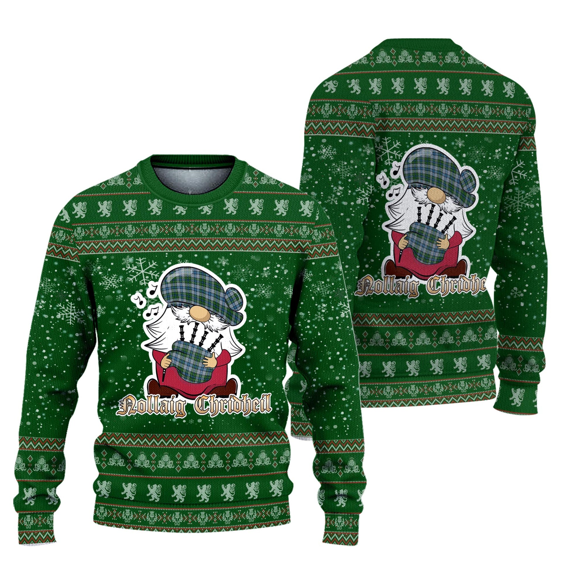 MacNeil Dress Clan Christmas Family Knitted Sweater with Funny Gnome Playing Bagpipes Unisex Green - Tartanvibesclothing