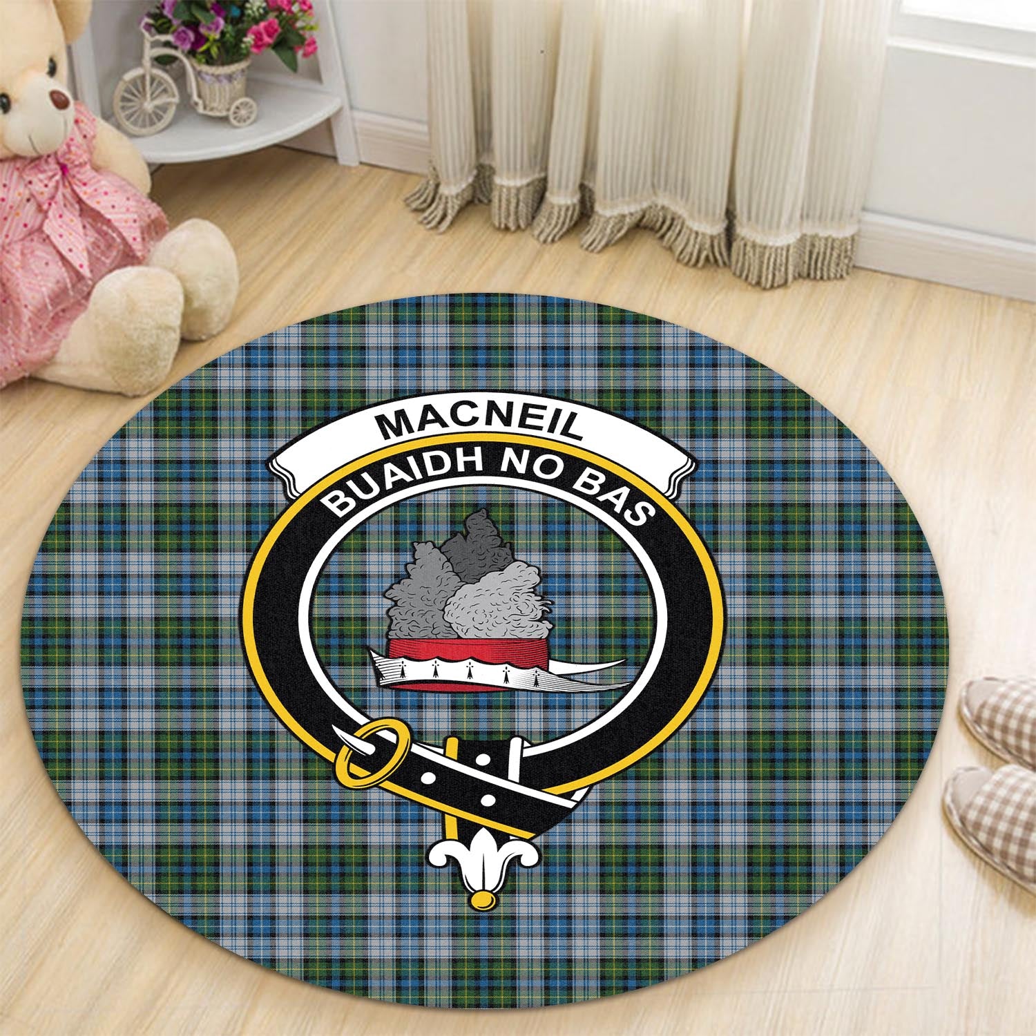 macneil-dress-tartan-round-rug-with-family-crest