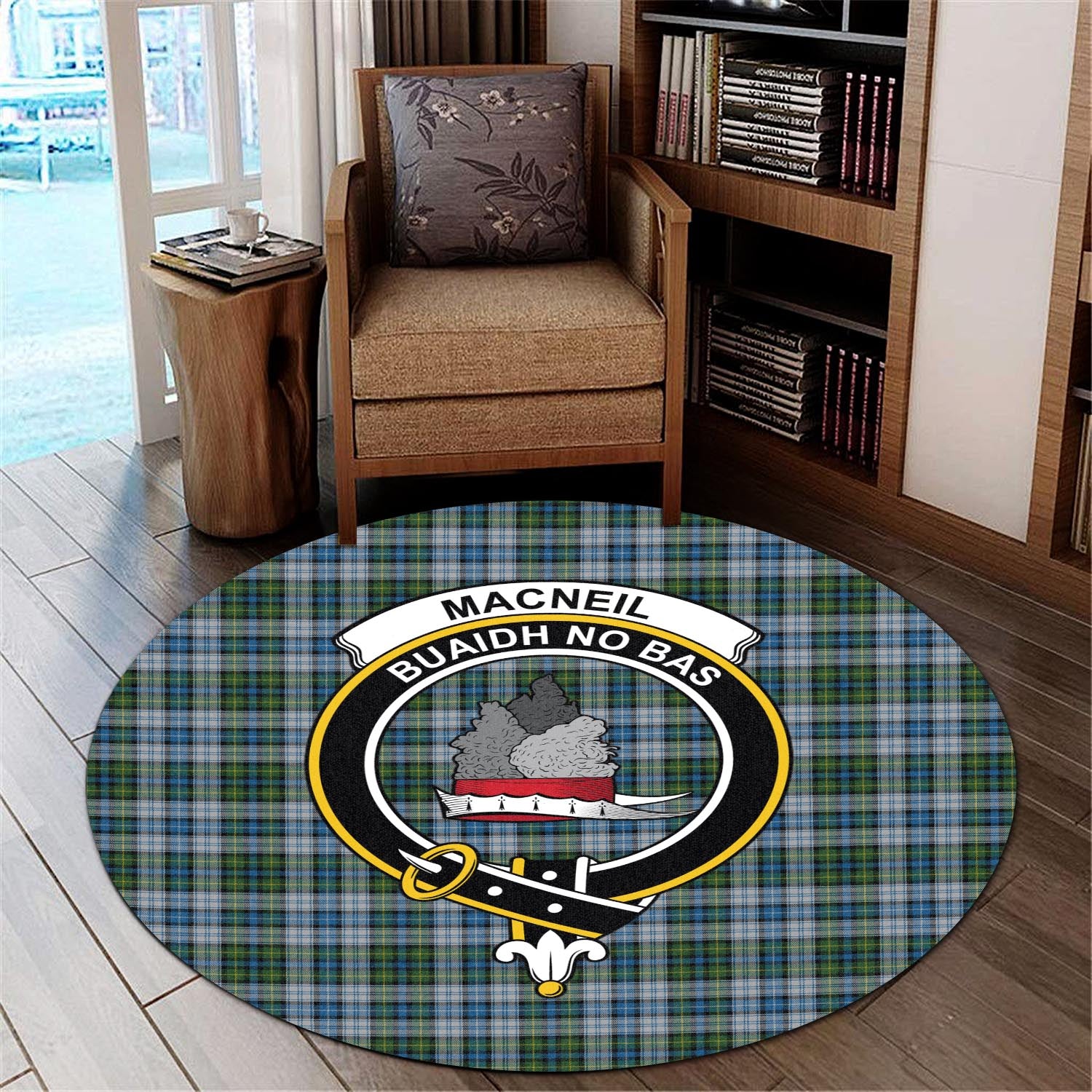 macneil-dress-tartan-round-rug-with-family-crest