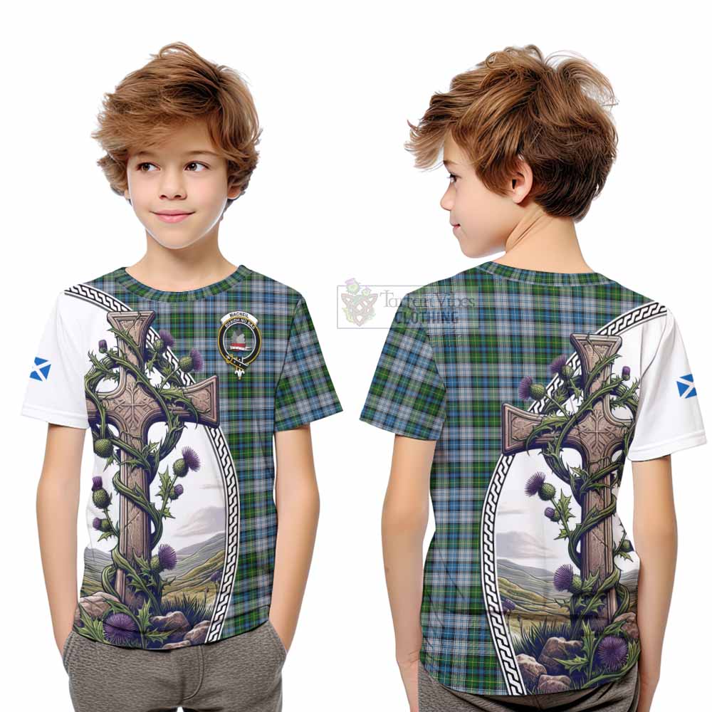 Tartan Vibes Clothing MacNeil (McNeil) Tartan Kid T-Shirt with Family Crest and St. Andrew's Cross Accented by Thistle Vines