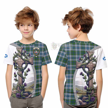 Tartan Vibes Clothing MacNeil (McNeil) Tartan Kid T-Shirt with Family Crest and St. Andrew's Cross Accented by Thistle Vines