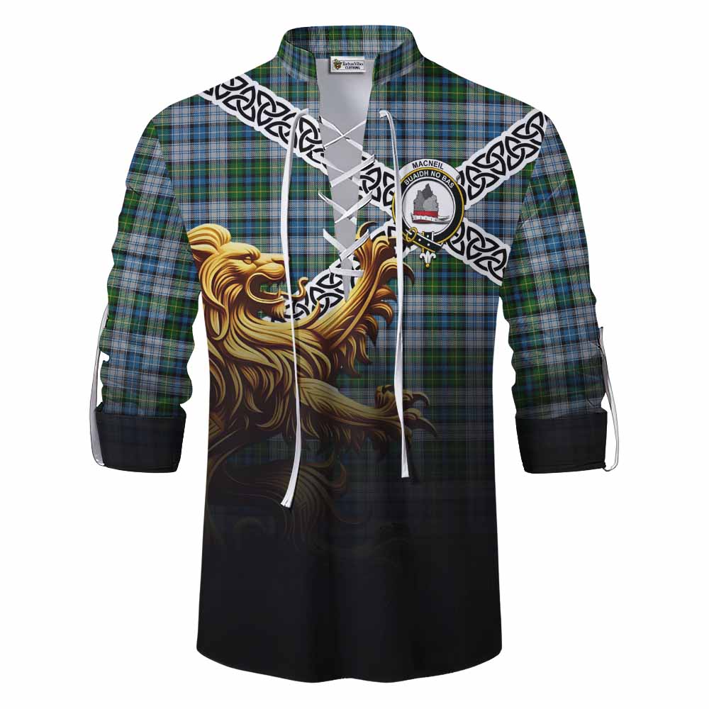 Tartan Vibes Clothing MacNeil (McNeil) Crest Tartan Ghillie Kilt Shirt with Golden Lion Emblem Celtic Style
