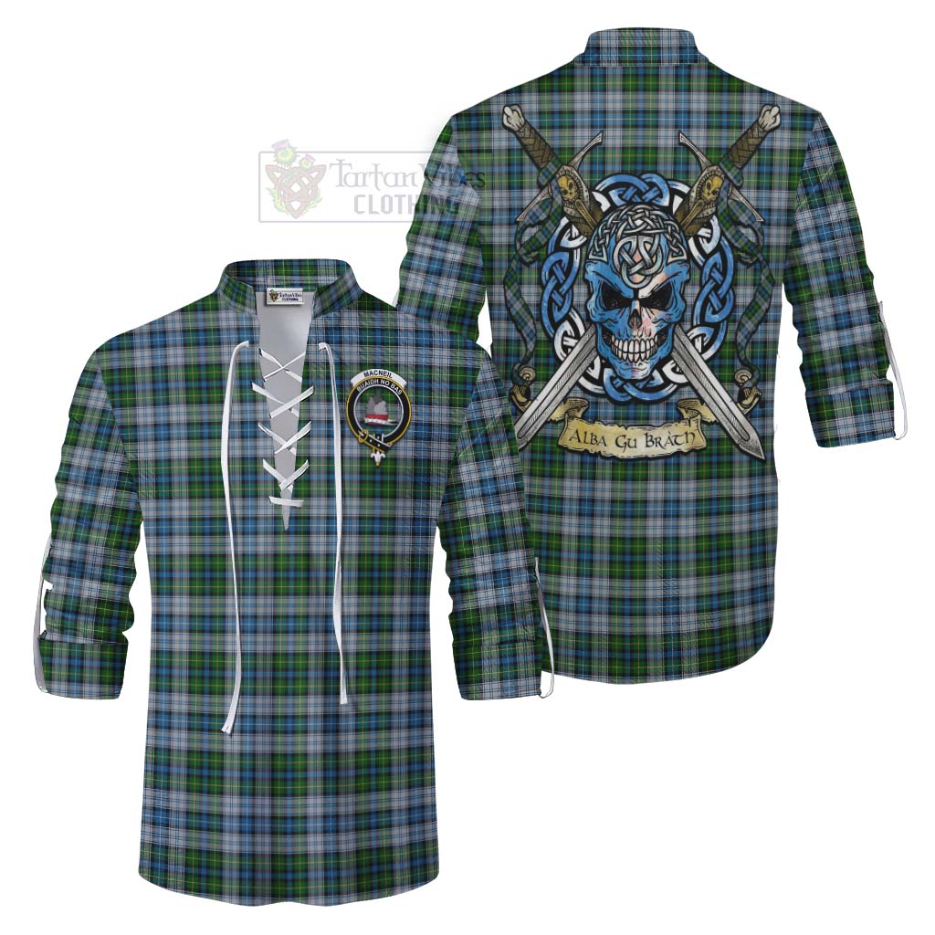 Tartan Vibes Clothing MacNeil (McNeil) Tartan Ghillie Kilt Shirt with Family Crest Celtic Skull Style