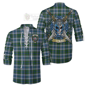 Tartan Vibes Clothing MacNeil (McNeil) Tartan Ghillie Kilt Shirt with Family Crest Celtic Skull Style
