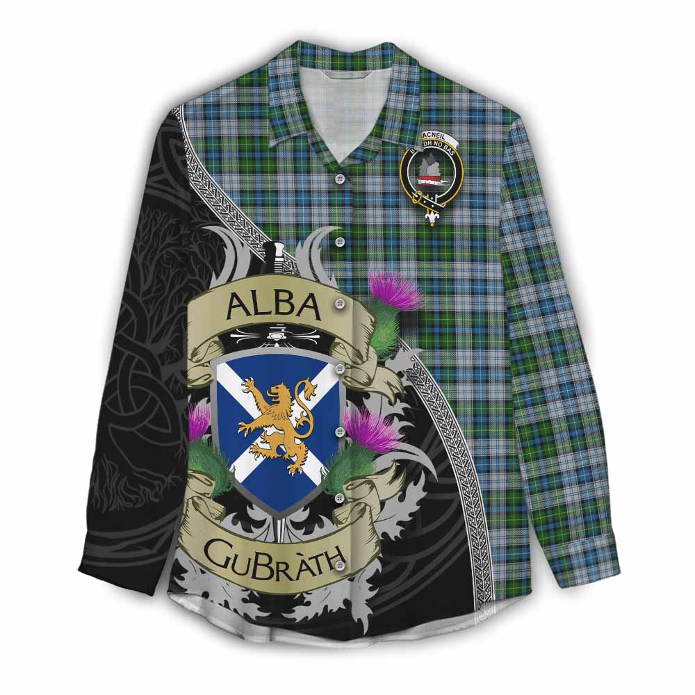 Tartan Vibes Clothing MacNeil (McNeil) Tartan Family Crest Women's Casual Shirt Lion Rampant Royal Thistle Shield Celtic Inspired