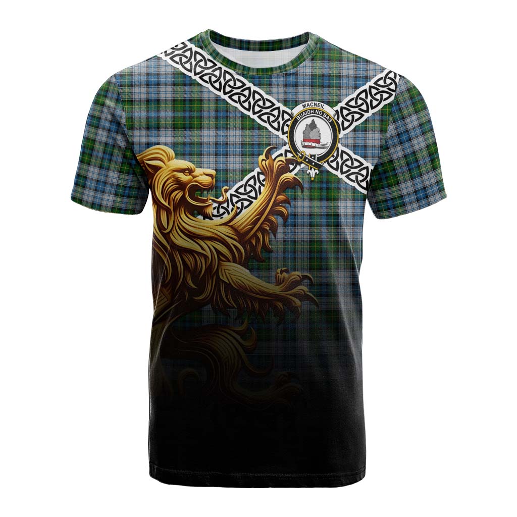 Tartan Vibes Clothing MacNeil (McNeil) Crest Tartan Cotton T-shirt with Golden Lion Emblem Celtic Style