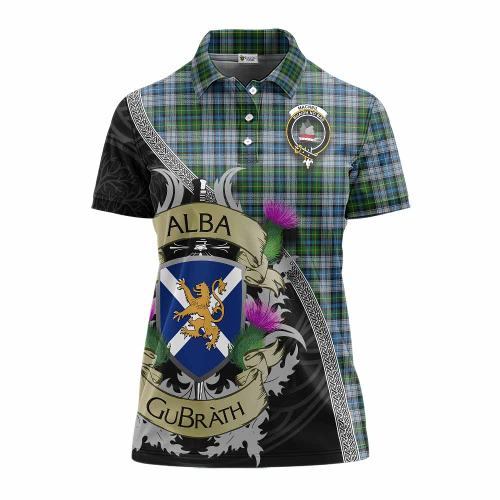 Tartan Vibes Clothing MacNeil (McNeil) Tartan Family Crest Women's Polo Shirt Lion Rampant Royal Thistle Shield Celtic Inspired