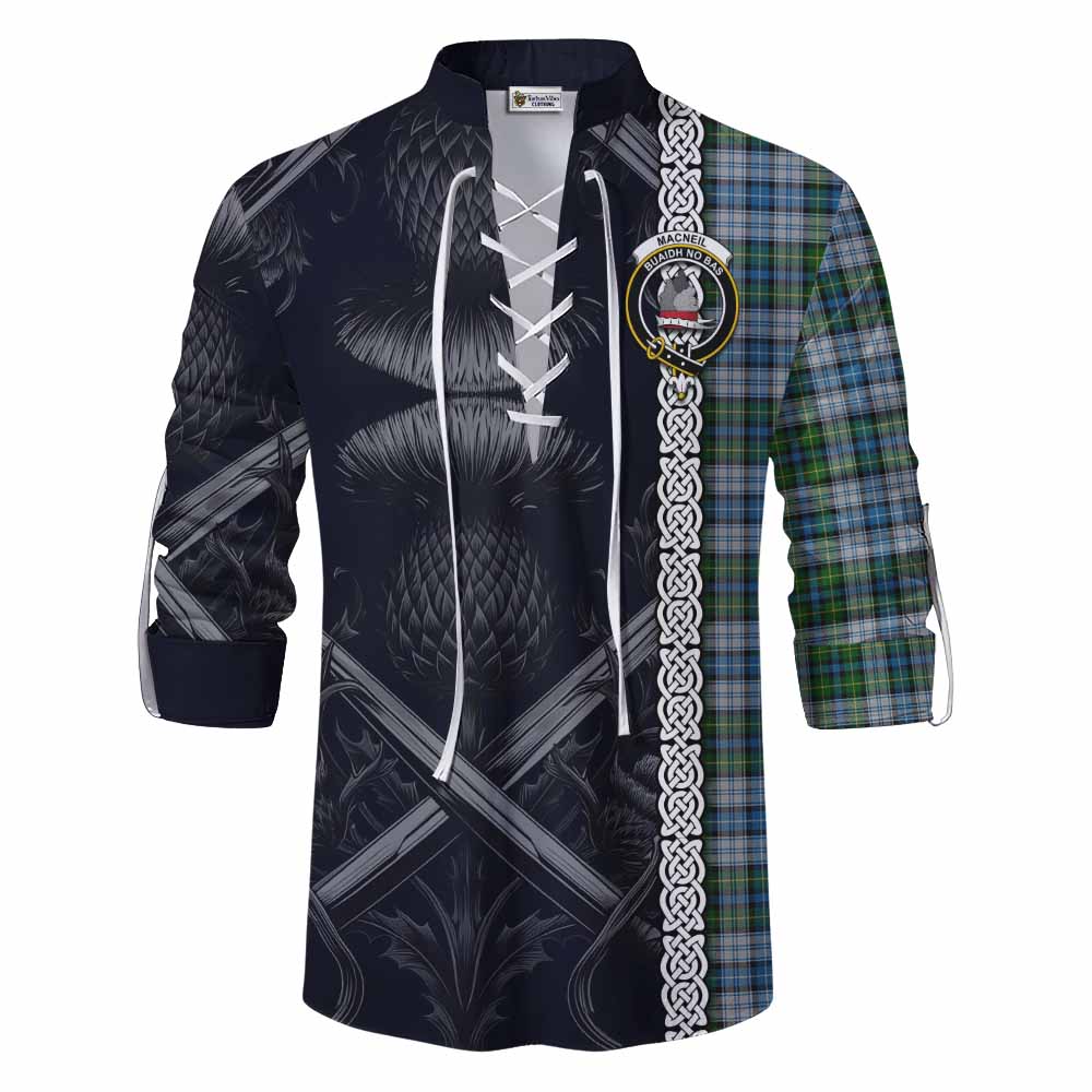 Tartan Vibes Clothing MacNeil (McNeil) Tartan Ghillie Kilt Shirt with Family Crest Cross Sword Thistle Celtic Vibes