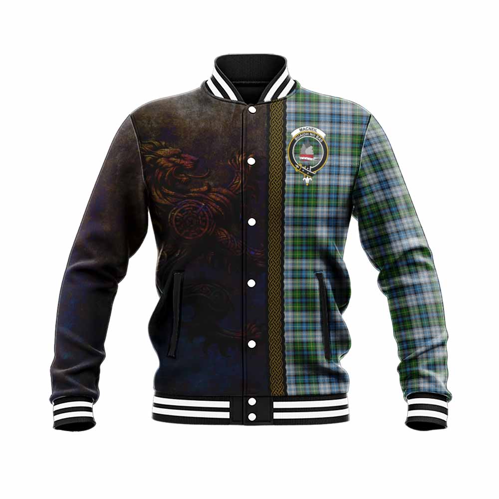 Tartan Vibes Clothing MacNeil (McNeil) Tartan Family Crest Baseball Jacket Alba Gu Brath Be Brave Lion Ancient Style