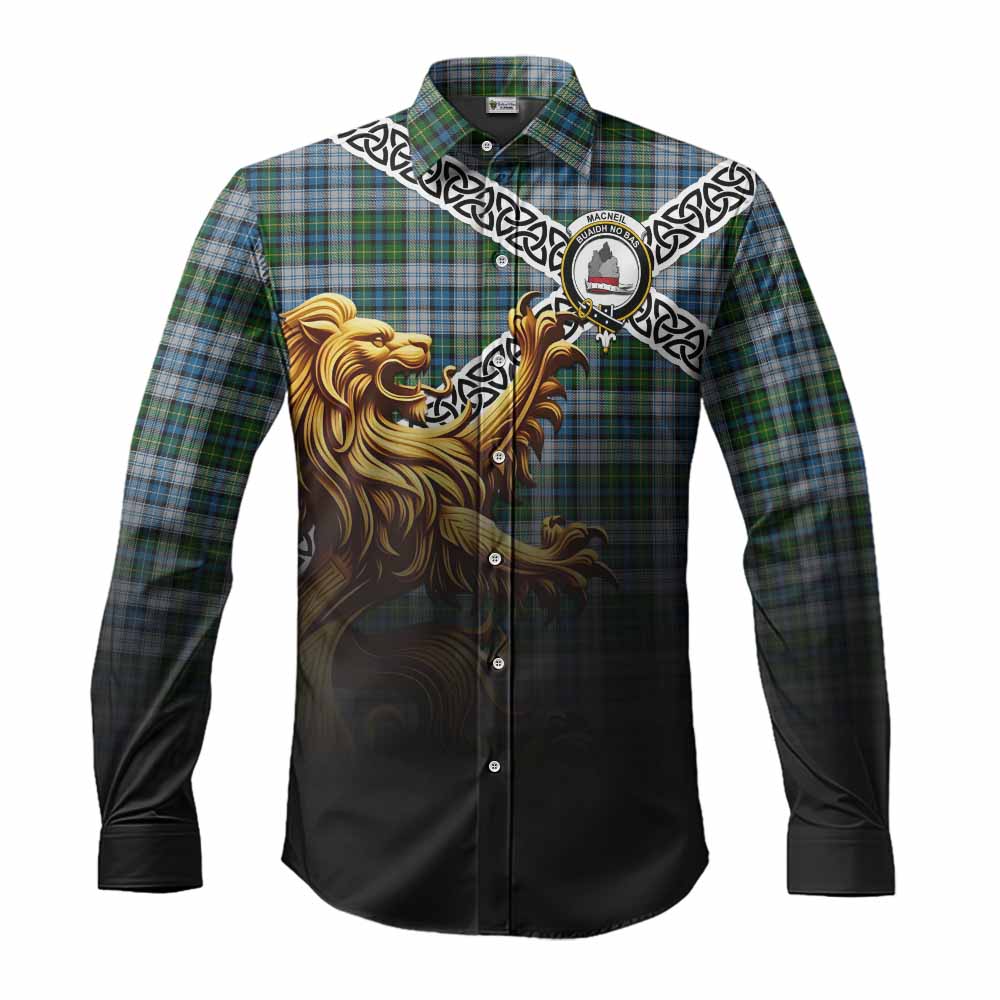 Tartan Vibes Clothing MacNeil (McNeil) Crest Tartan Long Sleeve Button Shirt with Golden Lion Emblem Celtic Style