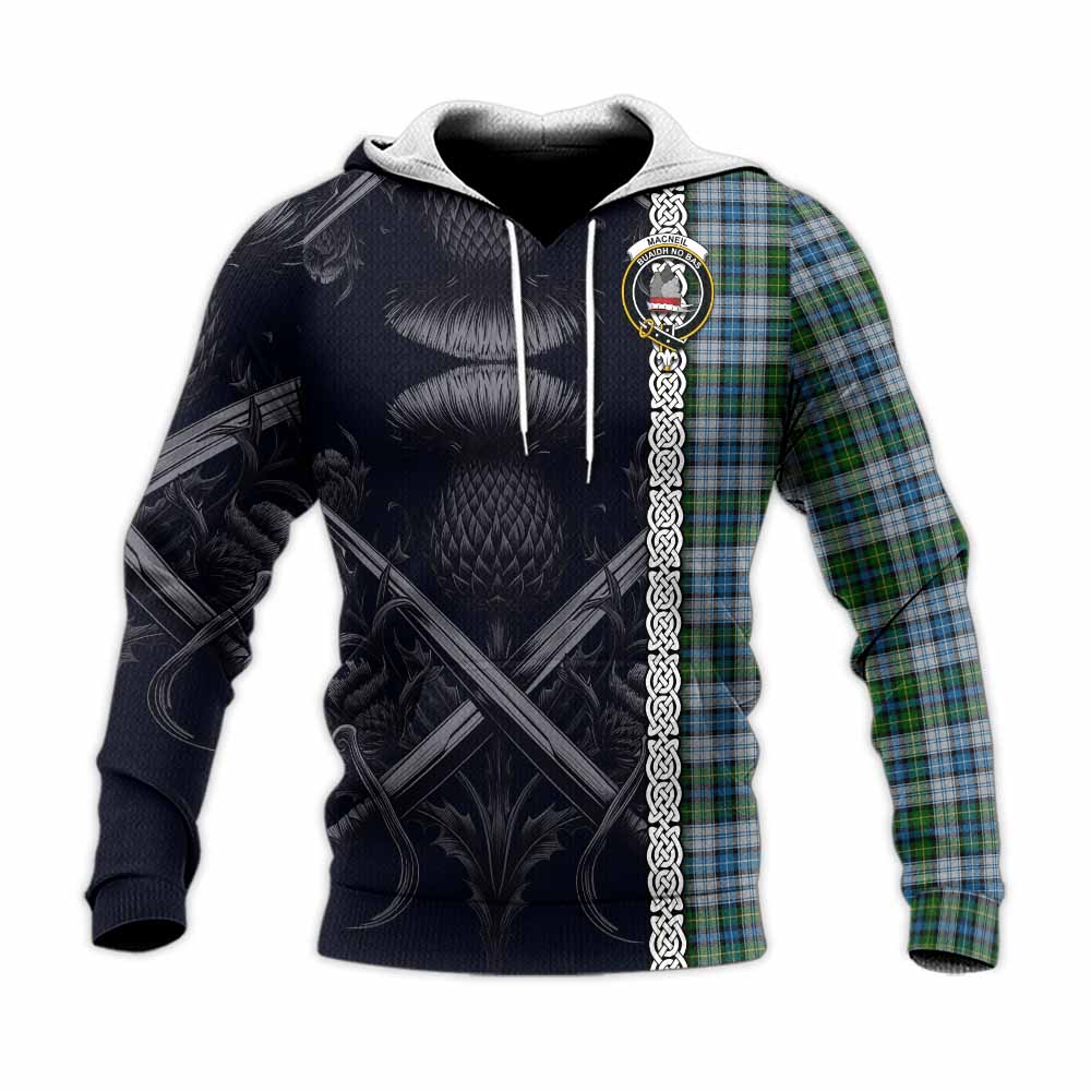 Tartan Vibes Clothing MacNeil (McNeil) Tartan Knitted Hoodie with Family Crest Cross Sword Thistle Celtic Vibes