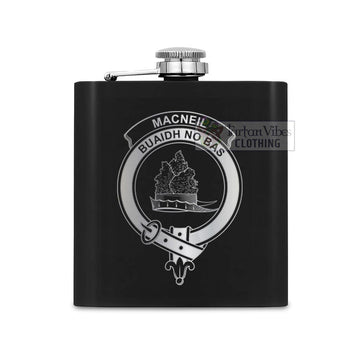 Tartan Vibes Clothing MacNeil (McNeil) Crest Hip Flask Set 7oz Black Stainless Steel with A Gift Box