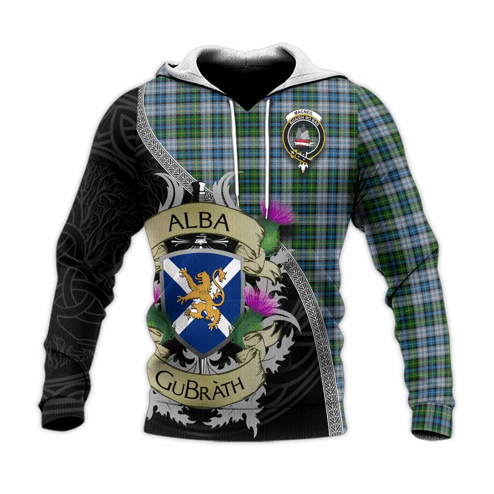 Tartan Vibes Clothing MacNeil (McNeil) Tartan Family Crest Knitted Hoodie Lion Rampant Royal Thistle Shield Celtic Inspired